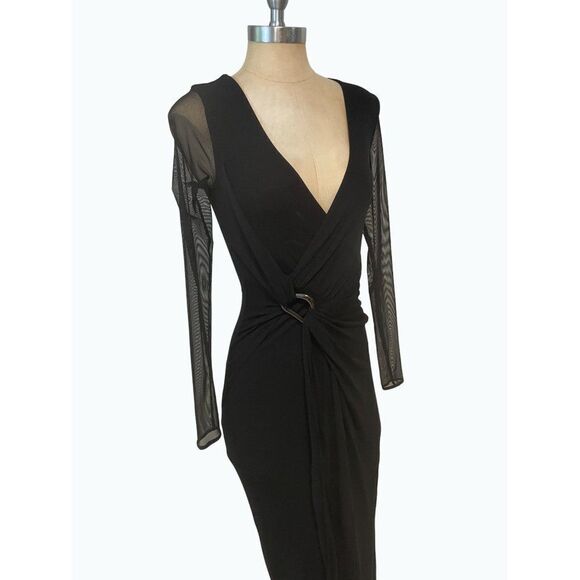 Halston Heritage Black Evening Gown Mesh Sleeves Size 2 - Picture 3 of 5